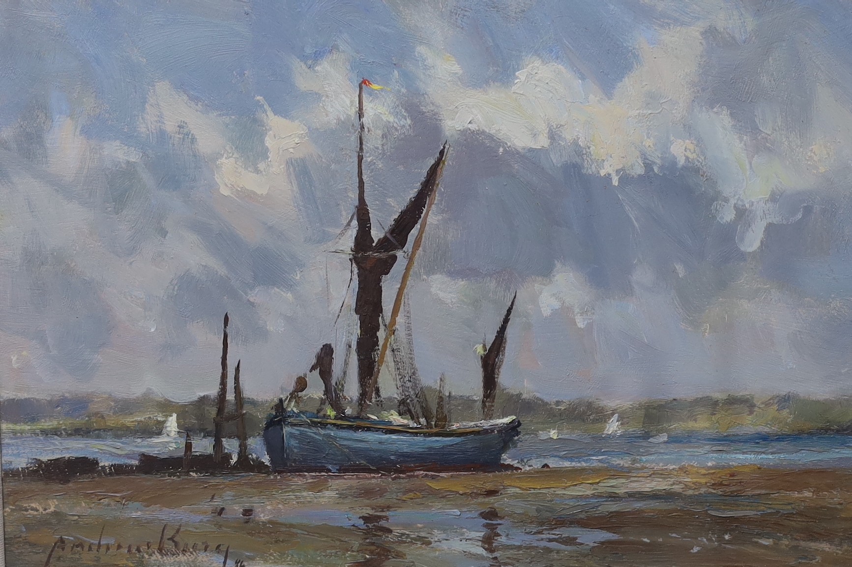 Andrew King R.O.I, (b. 956), oil on board, 'Thames Barge, Pin Mill', signed and dated '84, 22 x 32cm